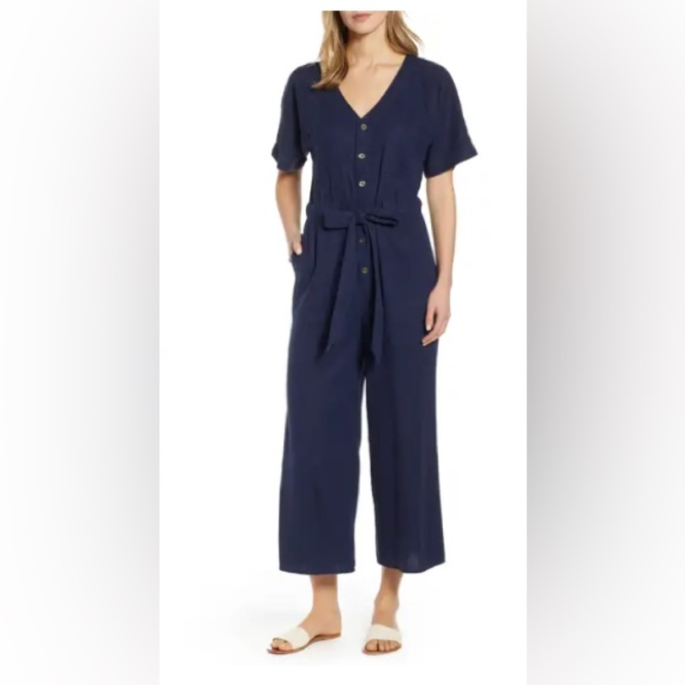Nordstrom Caslon Linen Blend Cropped Jumpsuit, navy peacock
